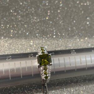 Olive Green Glass Statement Ring Size 11.5 Silver Tone Princess Cut